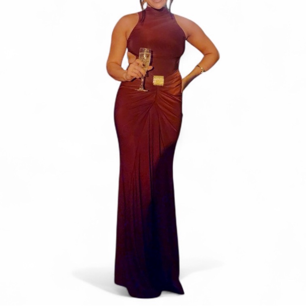 Women's Elegant High Neck Backless Dress With Metal Buckle Decor In Burgundy